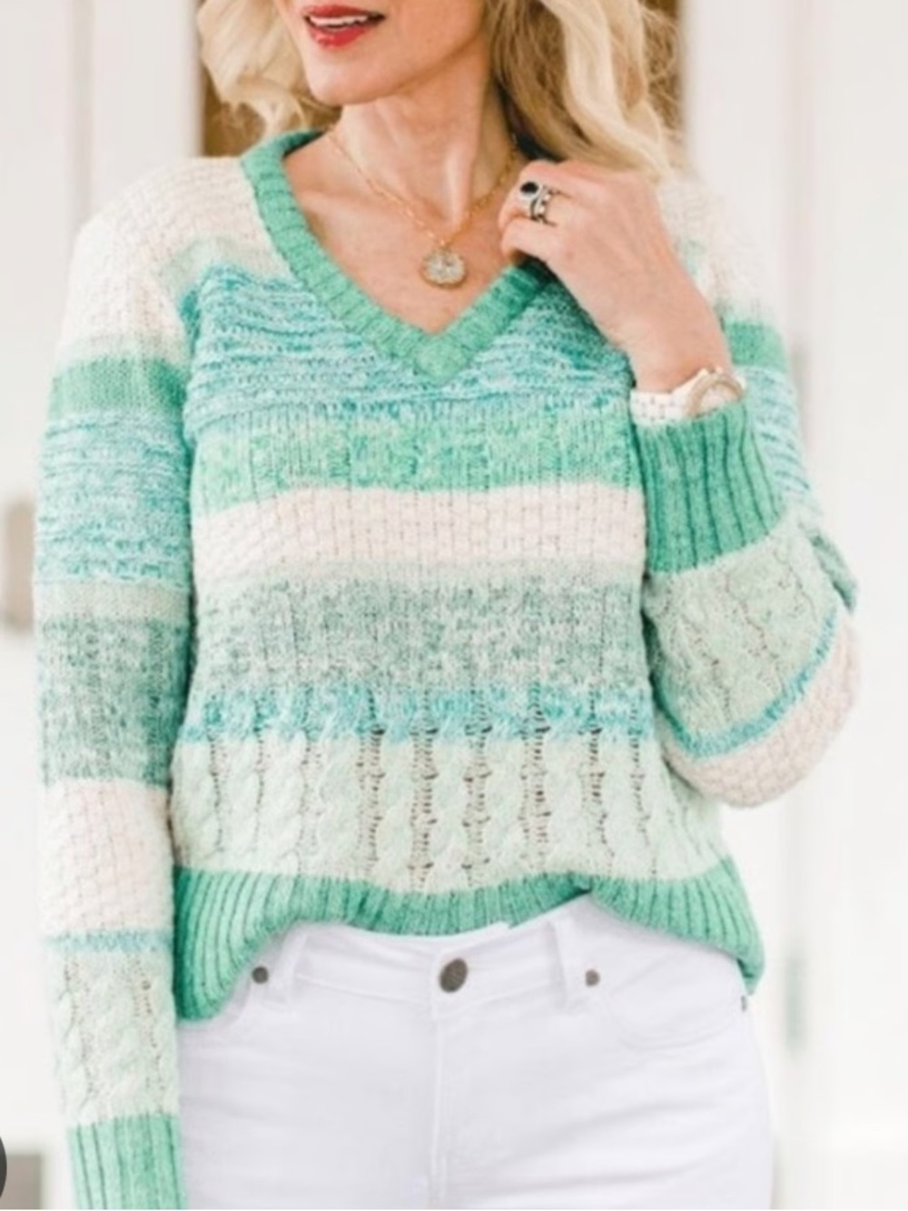 Cabi Womens V‎ Neck Knit Sweater Blue Green Large L